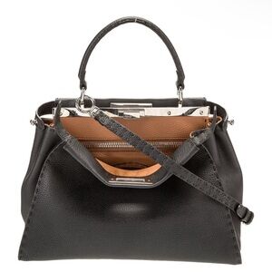 FENDI Peekaboo SMALL Black Saddle Brown Selleria Bag 1048 Hand-Sewn Topstitch